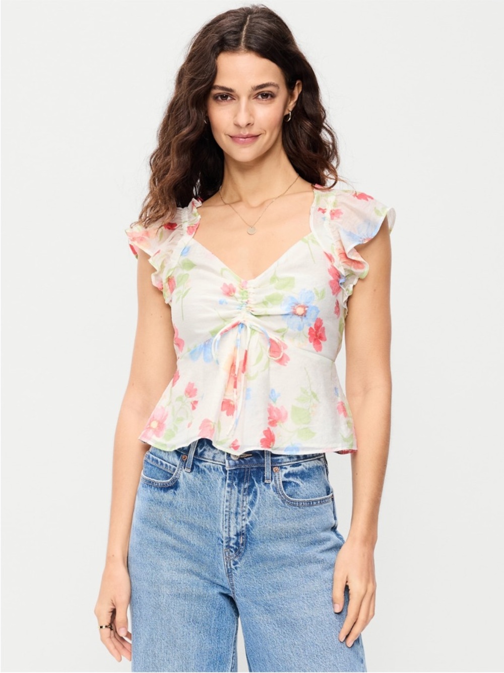 Floral Ruffle Tie-Front Women's Top - White Multi